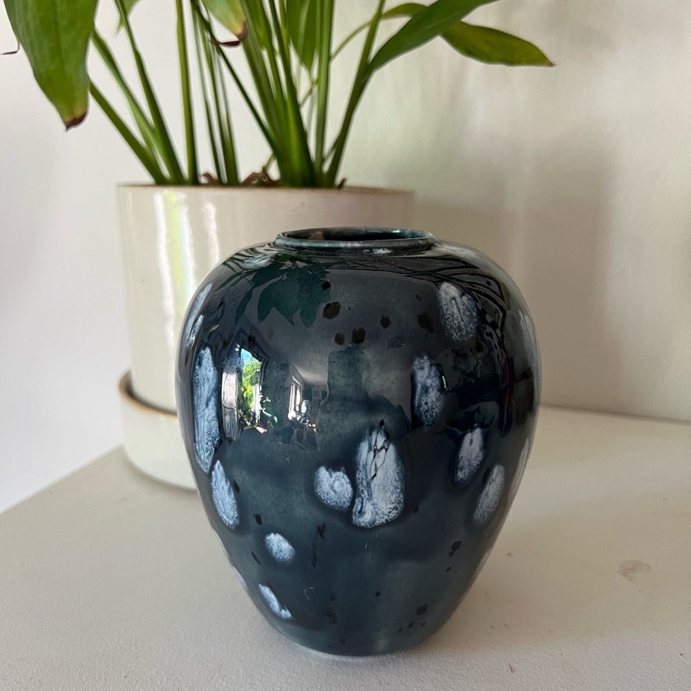 Beautiful handmade glazed, blue and white iridescent vase